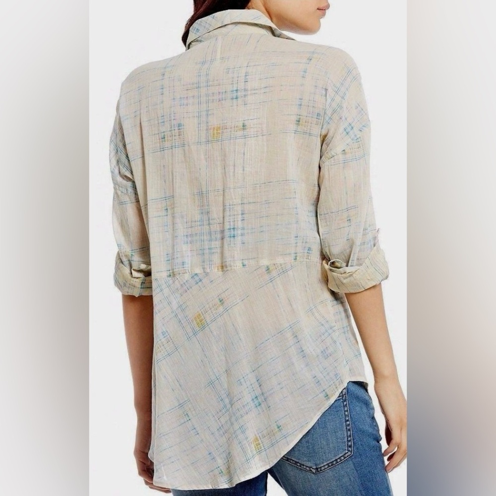 Free People‎ Shore Vibes Relaxed Lightweight Plaid Button Down Boyfriend Ivory - Picture 4 of 11